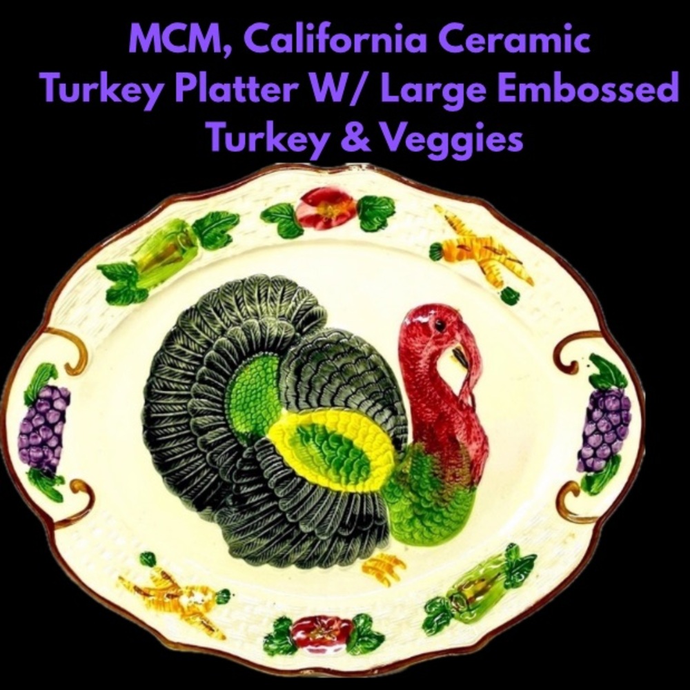Vtg Hand-Painted Ceramic Turkey Platter 18” – Embossed Harvest Majolica Style.